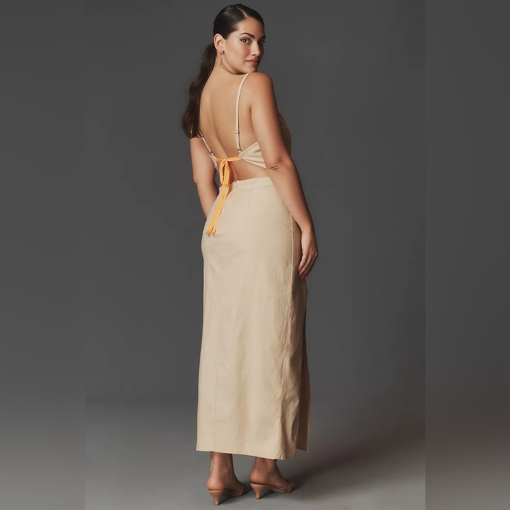 Anthropologie Rushed Front Slim Fit Midi Linen Blend Sleeveless Dress - Picture 6 of 9